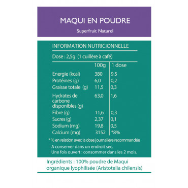 Informations Nutritionnelles de maqui bio en poudre de la marque Isla natura