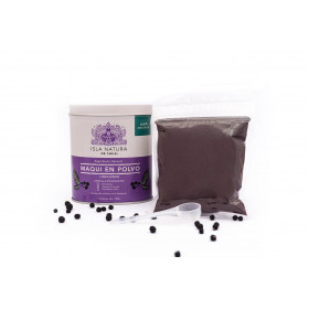 Maqui Bio en Poudre 100G dans sa boite en métal et vendu avec sa dosette